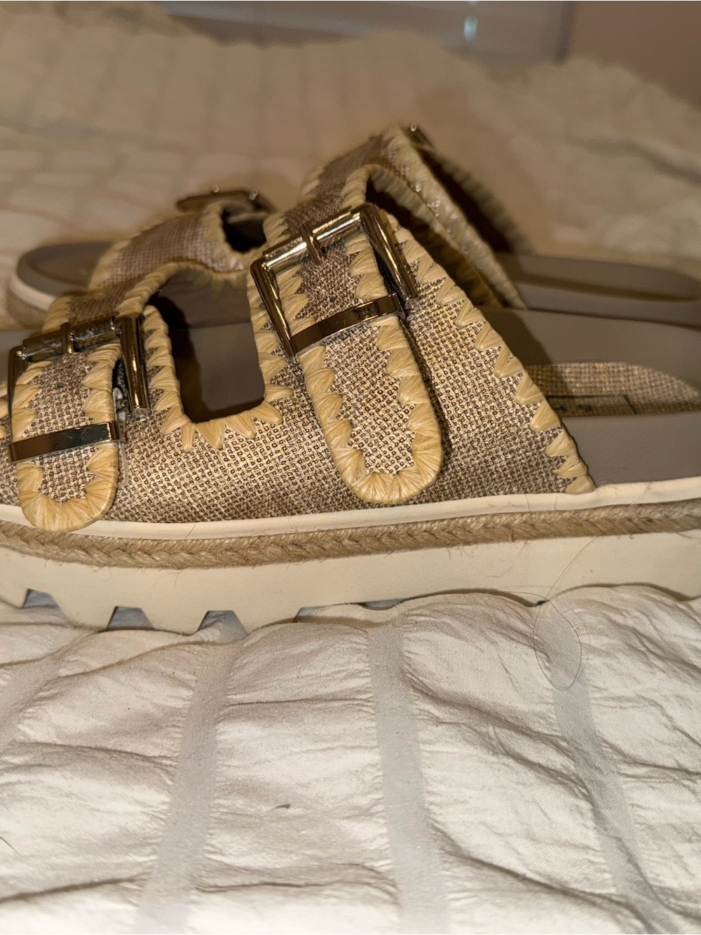 Shu Shop Platform Sandals Size 7 1/2 Neutral Buckle Slides - Picture 2 of 4
